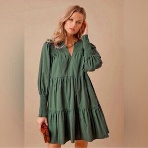 Pomander Place NWOT Ceci Smocked Long Sleeve Green Tiered Mini Dress Size Small